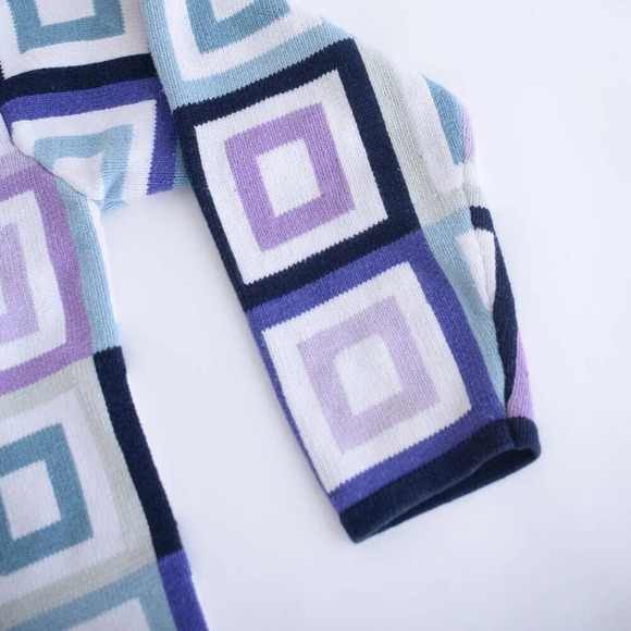 Vintage Talbots Navy Purple Geometric Squares Button Up Cardigan Sweater L - Picture 4 of 10